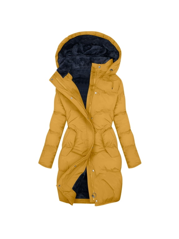 Long Puffer Jacket for Women with Detachable Hood, Full-zip Waterproof Thick Warm Sherpa Lined Winter Coat Parkas (3XL, Yellow 01)