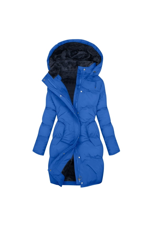 Long Puffer Jacket for Women with Detachable Hood, Full-zip Waterproof Thick Warm Sherpa Lined Winter Coat Parkas (M, Blue 01)