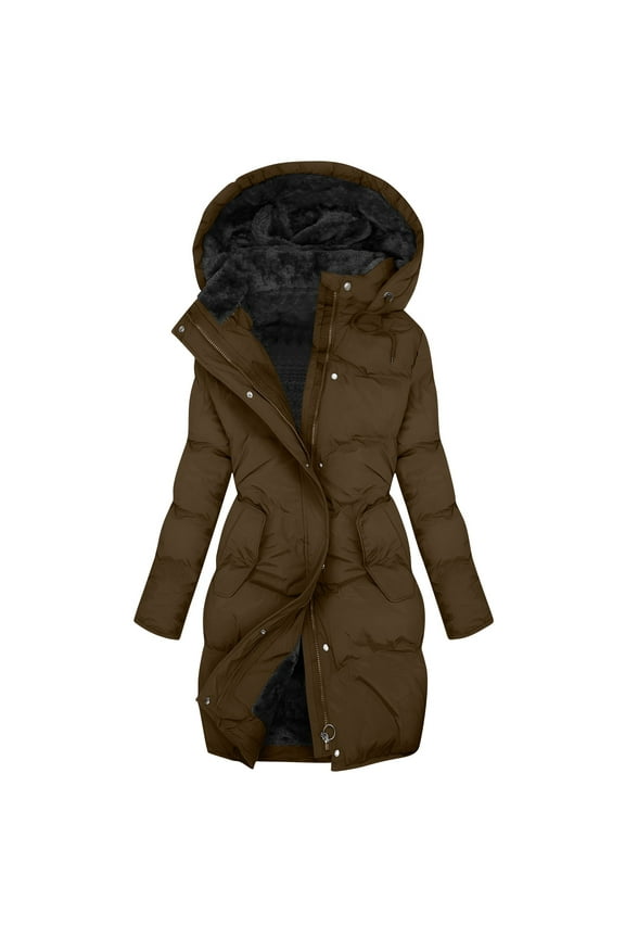 Long Puffer Jacket for Women with Detachable Hood, Full-zip Waterproof Thick Warm Sherpa Lined Winter Coat Parkas (M, Brown)