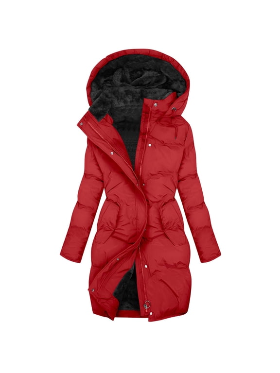 Long Puffer Jacket for Women with Detachable Hood, Full-zip Waterproof Thick Warm Sherpa Lined Winter Coat Parkas (M, Red)
