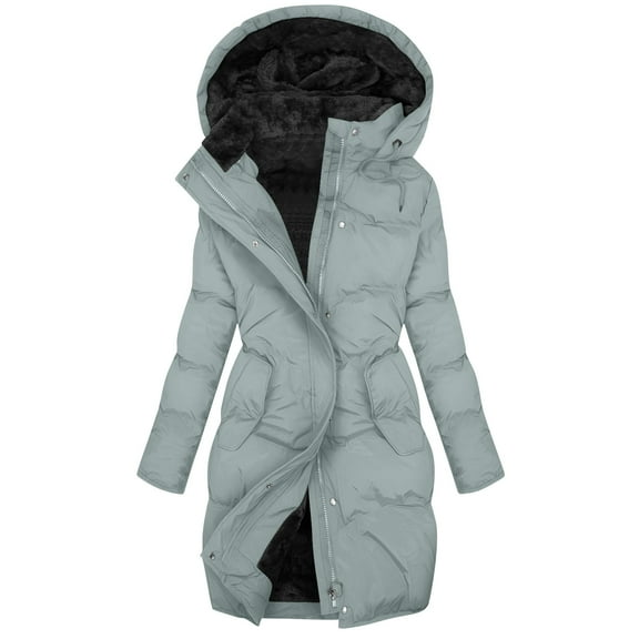 Long Puffer Jacket for Women with Detachable Hood, Full-zip Waterproof Thick Warm Sherpa Lined Winter Coat Parkas (M, Silver)
