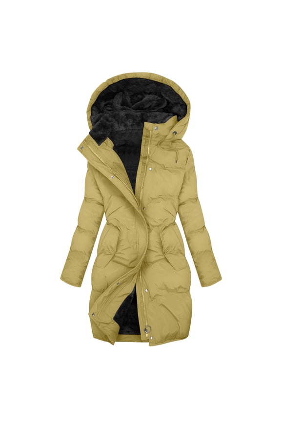 Long Puffer Jacket for Women with Detachable Hood, Full-zip Waterproof Thick Warm Sherpa Lined Winter Coat Parkas (M, Yellow)