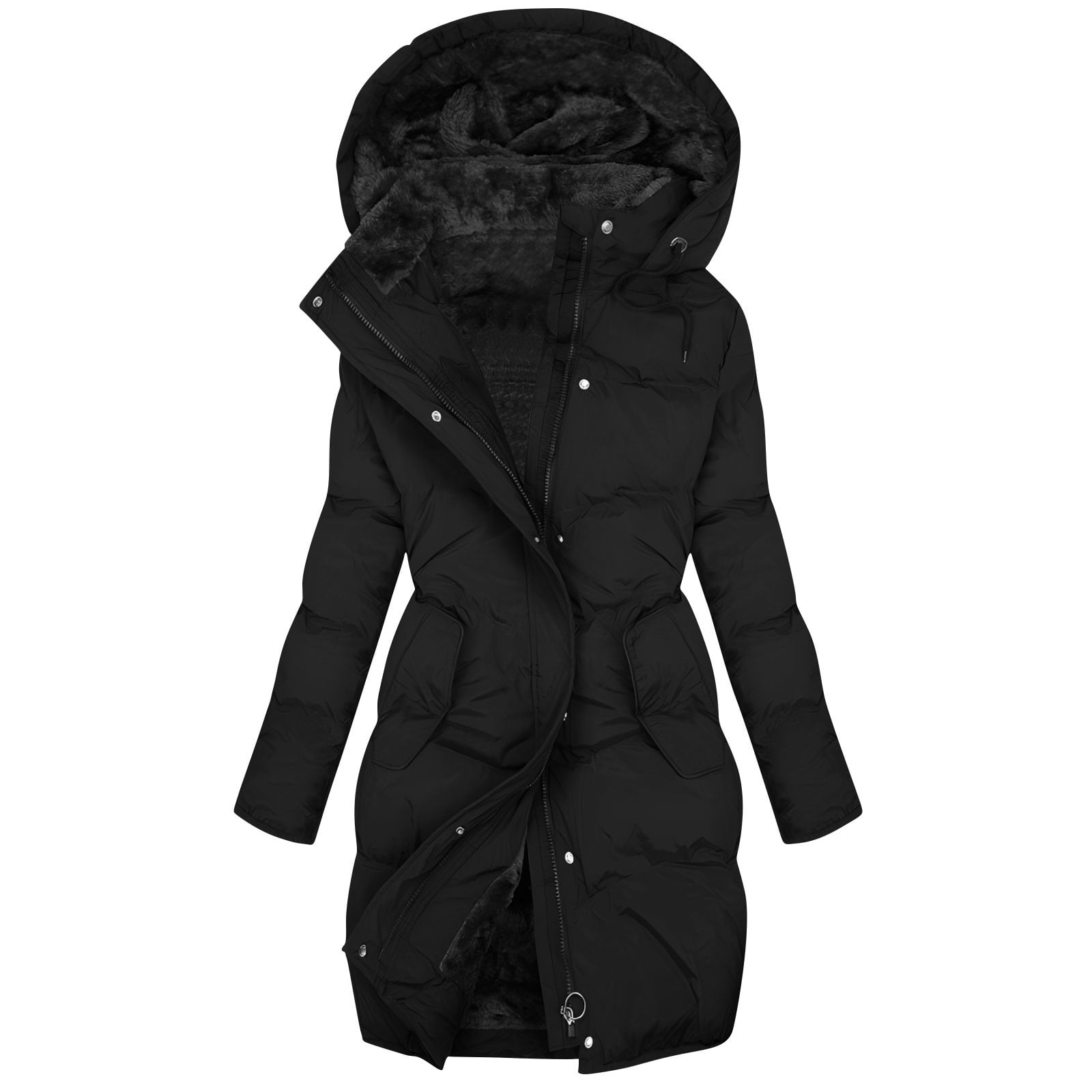 Long Puffer Jacket for Women with Detachable Hood, Full-zip
