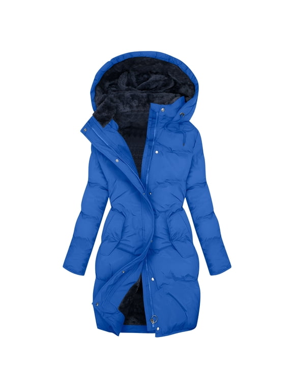 Long Puffer Jacket for Women with Detachable Hood, Full-zip Waterproof Thick Warm Sherpa Lined Winter Coat Parkas (XL, Blue 01)