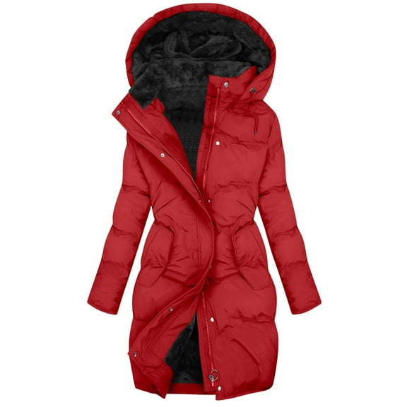 Long Puffer Jacket for Women with Detachable Hood, Full-zip Waterproof Thick Warm Sherpa Lined Winter Coat Parkas (XL, Red)