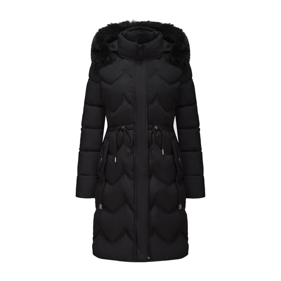 Long Puffer Jacket with Faux Fur Trim Hood Womens Heavyweight Full-zip Drawstring Tunic Overcoat Warm Parka Coat (2XL, Black)
