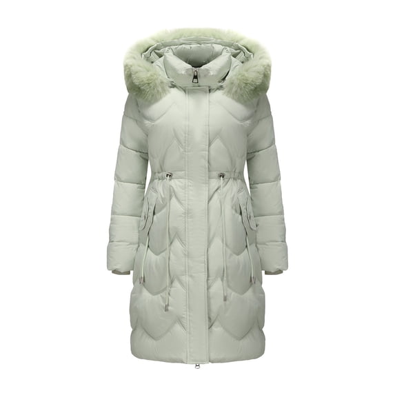 Long Puffer Jacket with Faux Fur Trim Hood Womens Heavyweight Full-zip Drawstring Tunic Overcoat Warm Parka Coat (2XL, Green)