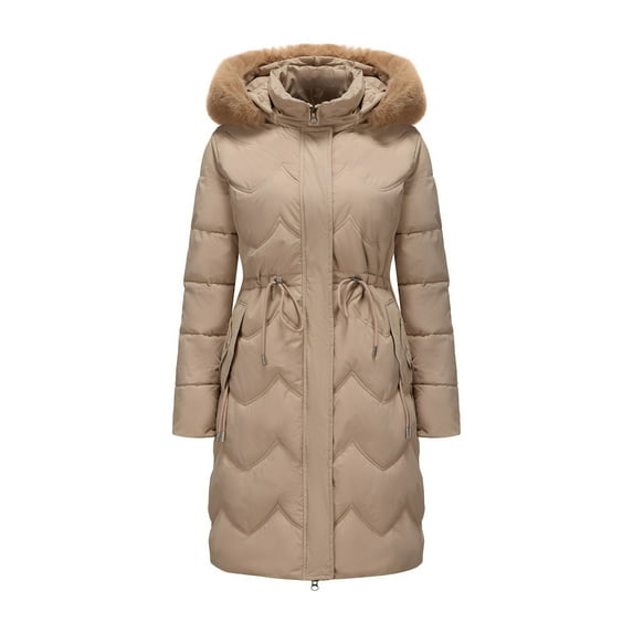 Long Puffer Jacket with Faux Fur Trim Hood Womens Heavyweight Full-zip Drawstring Tunic Overcoat Warm Parka Coat (3XL, Khaki)