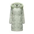 thumbnail image 1 of Long Puffer Jacket with Faux Fur Trim Hood Womens Heavyweight Full-zip Drawstring Tunic Overcoat Warm Parka Coat (L, Green), 1 of 6