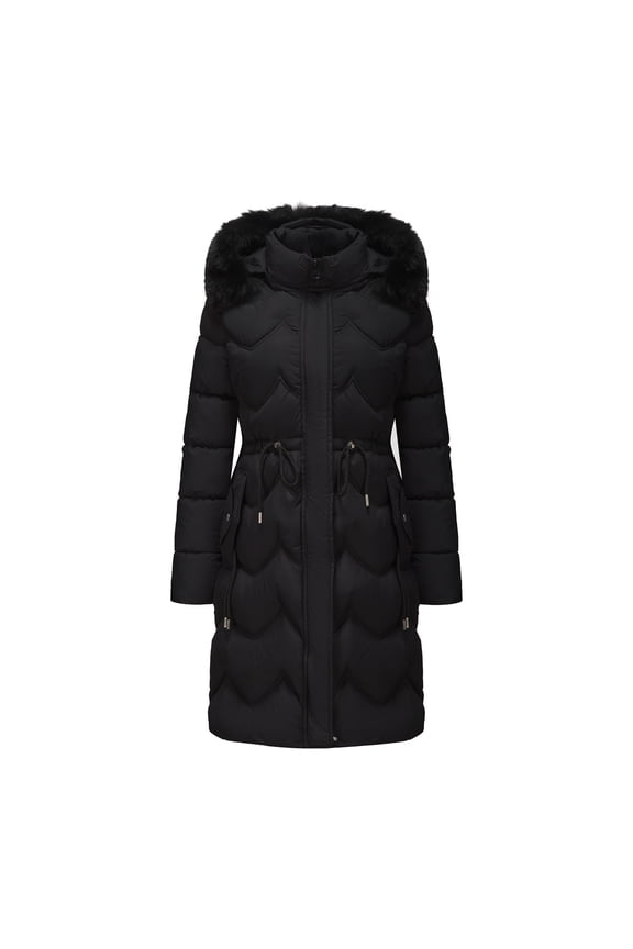 Long Puffer Jacket with Faux Fur Trim Hood Womens Heavyweight Full-zip Drawstring Tunic Overcoat Warm Parka Coat (XL, Black)