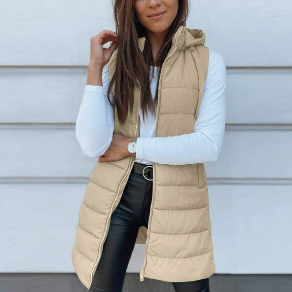 Long Puffer Vest Women 2025 Fall Winter Warm Quilted Sleeveless Vest with Hood Puffy Zip Up Coat Outerwear Beige L
