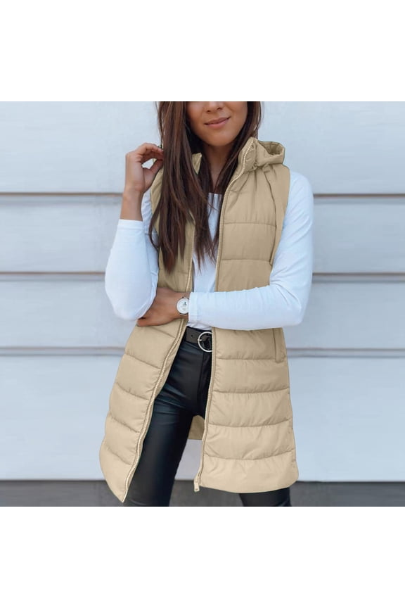 Long Puffer Vest Women 2025 Fall Winter Warm Quilted Sleeveless Vest with Hood Puffy Zip Up Coat Outerwear Beige S