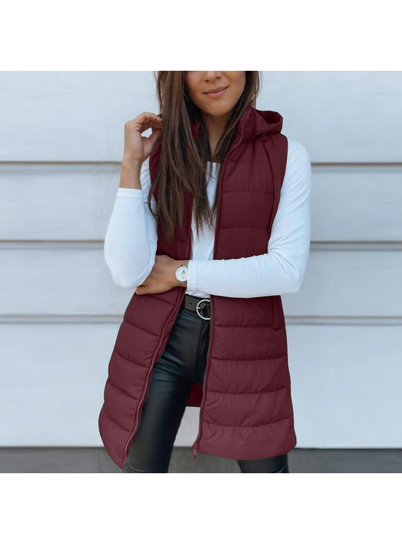 Long Puffer Vest Women 2025 Fall Winter Warm Quilted Sleeveless Vest with Hood Puffy Zip Up Coat Outerwear Wine L