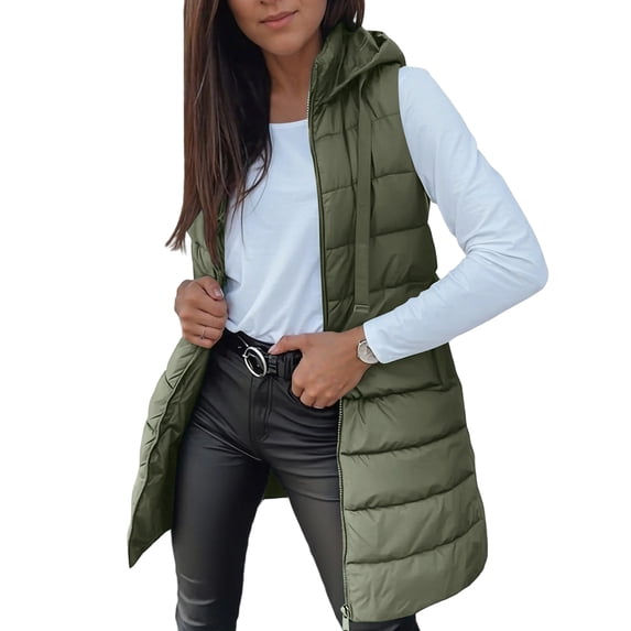 Long Puffer Vest Women 2025 Hooded Quilted Vests Winter Warm Sleeveless Lightweight Outerwear Jacket With Pockets Army Green 2XL