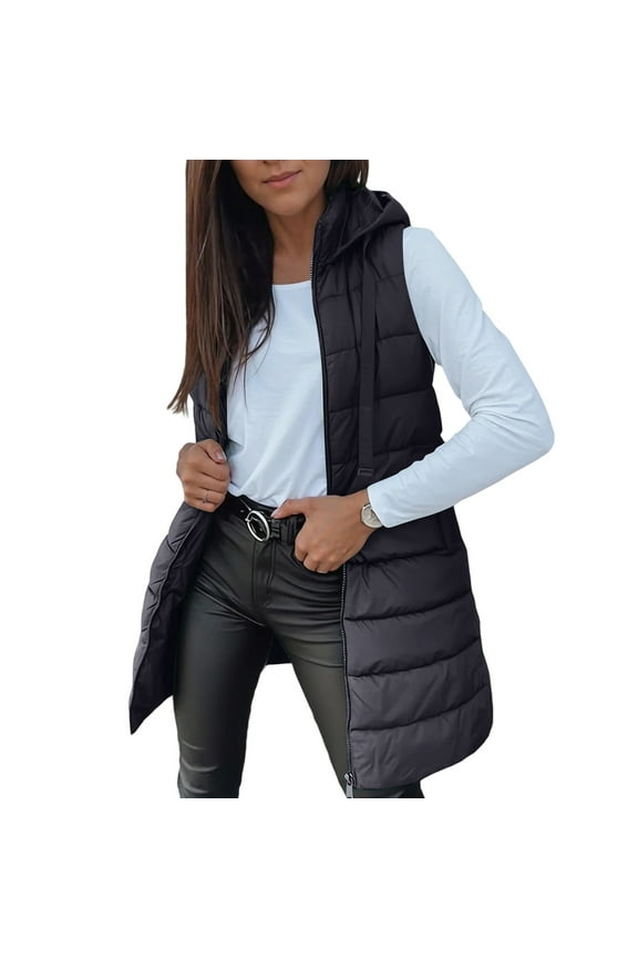 Long Puffer Vest Women 2025 Hooded Quilted Vests Winter Warm Sleeveless Lightweight Outerwear Jacket With Pockets Black XL