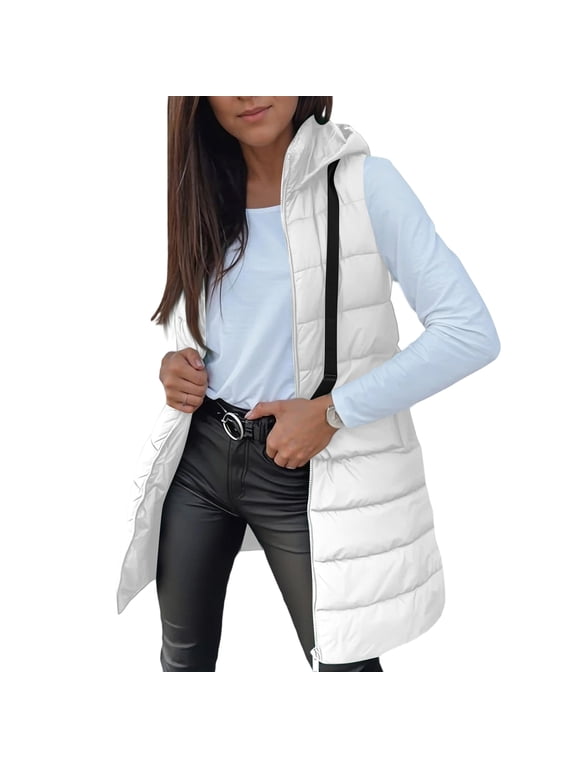 Long Puffer Vest Women 2025 Hooded Quilted Vests Winter Warm Sleeveless Lightweight Outerwear Jacket With Pockets White 2XL