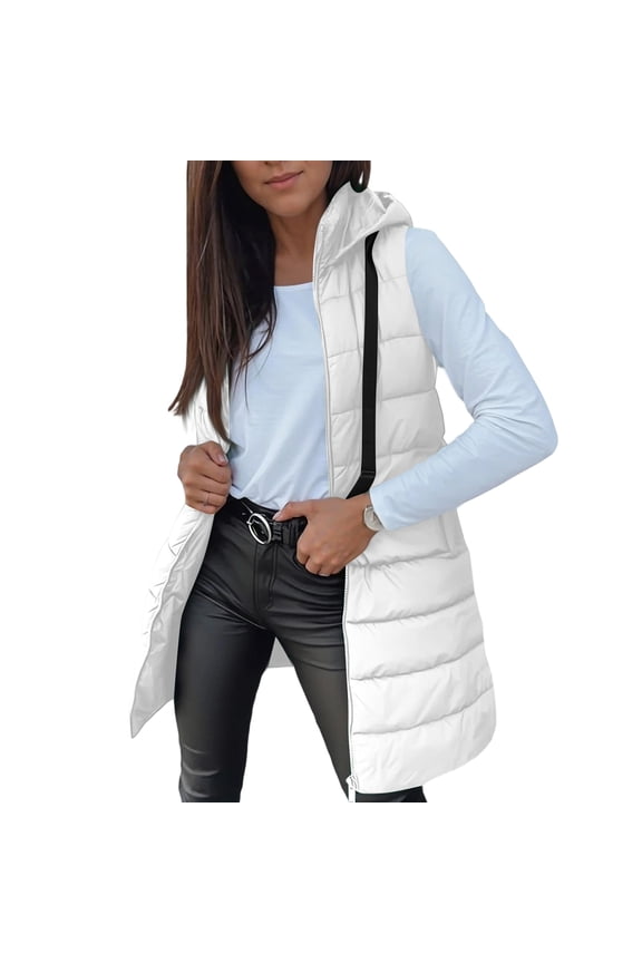 Long Puffer Vest Women 2025 Hooded Quilted Vests Winter Warm Sleeveless Lightweight Outerwear Jacket With Pockets White S