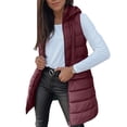 thumbnail image 1 of Long Puffer Vest Women 2025 Hooded Quilted Vests Winter Warm Sleeveless Lightweight Outerwear Jacket With Pockets Wine XL, 1 of 9