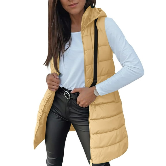 Long Puffer Vest Women 2025 Hooded Quilted Vests Winter Warm Sleeveless Lightweight Outerwear Jacket With Pockets Yellow XL