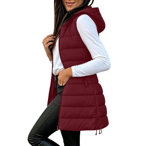 Long Puffer Vest Women Fall Winter Zip Up Hooded Sleeveless Quilted Jacket Coat Hooded Longline Quilted Vest Zip Up Padded Gilet with Pockets for Fall Winter Outdoor Casual Daily Wear