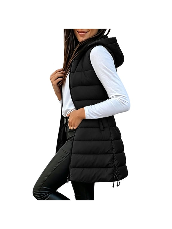 Long Puffer Vest Women Fall Winter Zip Up Hooded Sleeveless Quilted Jacket Coat Hooded Longline Quilted Vest Zip Up Padded Gilet with Pockets for Fall Winter Outdoor Casual Daily Wear