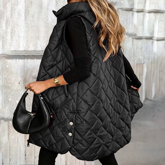 Long Puffer Vest Women Hooded Diamond Quilted Sleeveless Padded Gilet Oversized A‑Line Waistcoat with Side Split Snap Buttons Fall Winter Outerwear