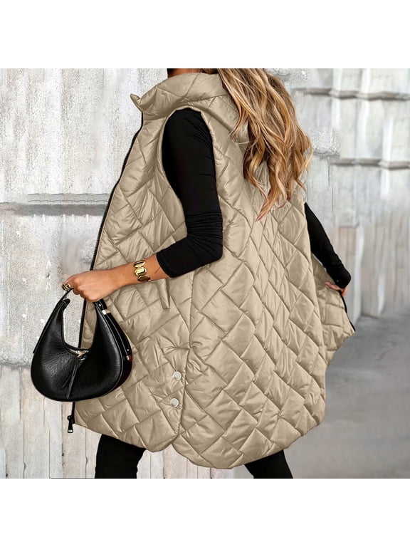 Long Puffer Vest Women Hooded Diamond Quilted Sleeveless Padded Gilet Oversized A‑Line Waistcoat with Side Split Snap Buttons Fall Winter Outerwear