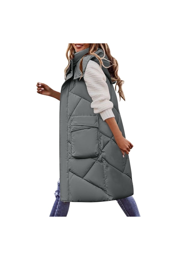 Long Puffer Vest Women, Ladies Zip Up Down Jacket with Detachable Hood Stand Collar Sleeveless Thick Winter Coats (Medium, Gray)