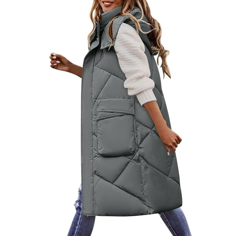 Long Puffer Vest Women, Ladies Zip Up Down Jacket with Detachable Hood  Stand Collar Sleeveless Thick Winter Coats (X-Large, Gray)