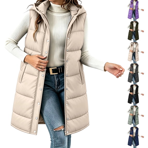 Long Puffer Vest for Women Longline Hooded Padded Vest Snap Zip Up Quilted Sleeveless Jacket Winter Coats for Women with Pockets for Fall Winter Outdoor Casual Daily Wear