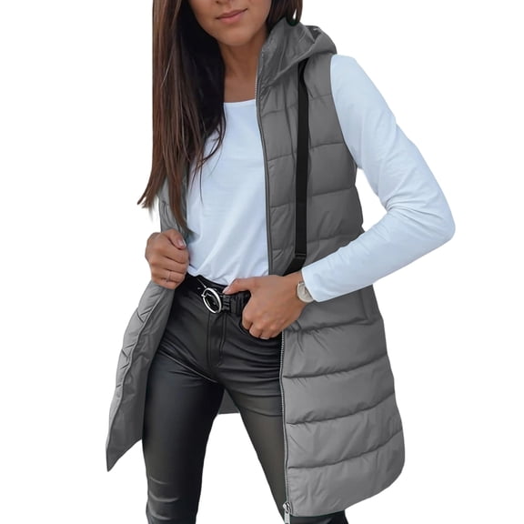 Long Puffer Vest Women Oversized Quilted Hooded Jacket Lightweight Down Vests Sleeveless Winter Coat with Pockets Gray L