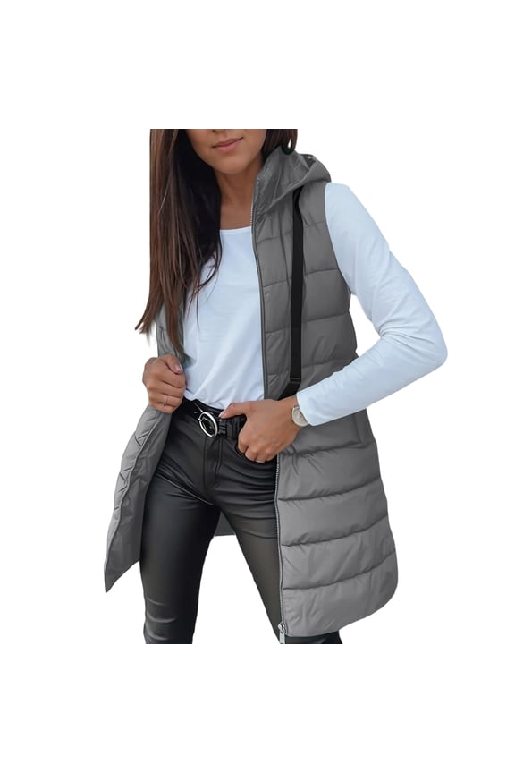 Long Puffer Vest Women Oversized Quilted Hooded Jacket Lightweight Down Vests Sleeveless Winter Coat with Pockets Gray M
