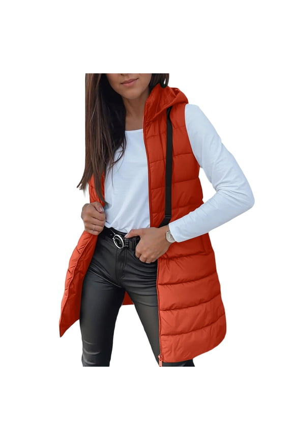 Long Puffer Vest Women Oversized Quilted Hooded Jacket Lightweight Down Vests Sleeveless Winter Coat with Pockets Vermilion 2XL