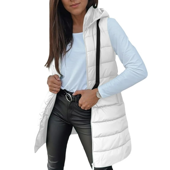 Long Puffer Vest Women Oversized Quilted Hooded Jacket Lightweight Down Vests Sleeveless Winter Coat with Pockets White S