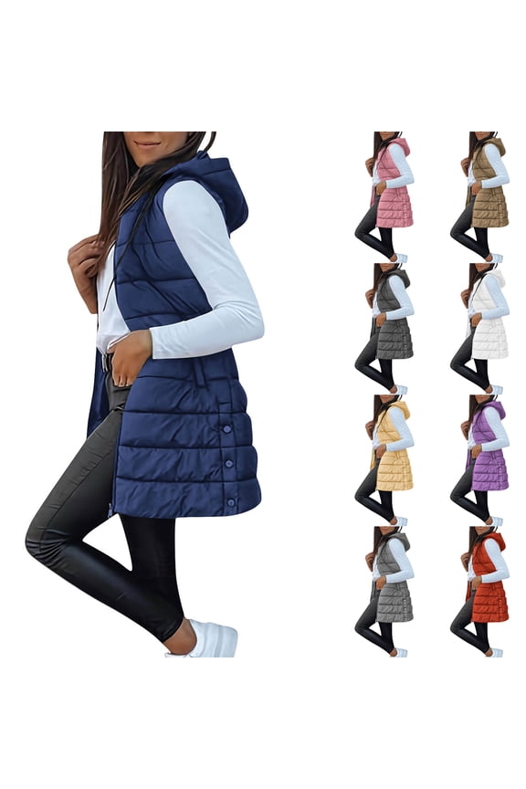 Long Puffer Vest Women Oversized Quilted Hooded Jacket Lightweight Down Vests Sleeveless Winter Coat with Pockets White XL