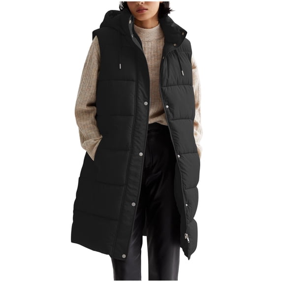 Long Puffer Vest Women Quilted Hooded Vest Sleeveless Coat Jackets with Pockets Solid Color Zip Up Long Jacket Winter Warm Thick Coats