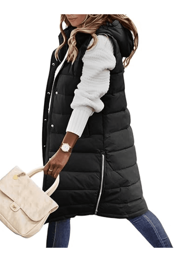 Long Puffer Vest Women Quilted Hooded Vest Zip Up Sleeveless Vests Outerwear Padded Jacket Warm Winter Coat