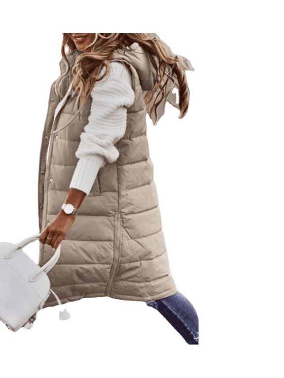 Long Puffer Vest Women Quilted Hooded Vest Zip Up Sleeveless Vests Outerwear Padded Jacket Warm Winter Coat