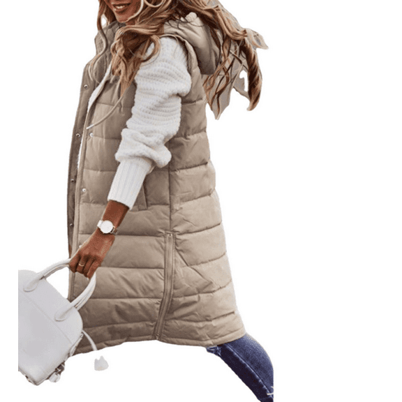 Long Puffer Vest Women Quilted Hooded Vest Zip Up Sleeveless Vests Outerwear Padded Jacket Warm Winter Coat