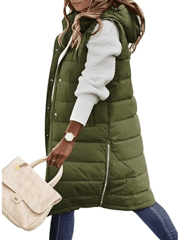 Long Puffer Vest Women Quilted Hooded Vest Zip Up Sleeveless Vests Outerwear Padded Jacket Warm Winter Coat