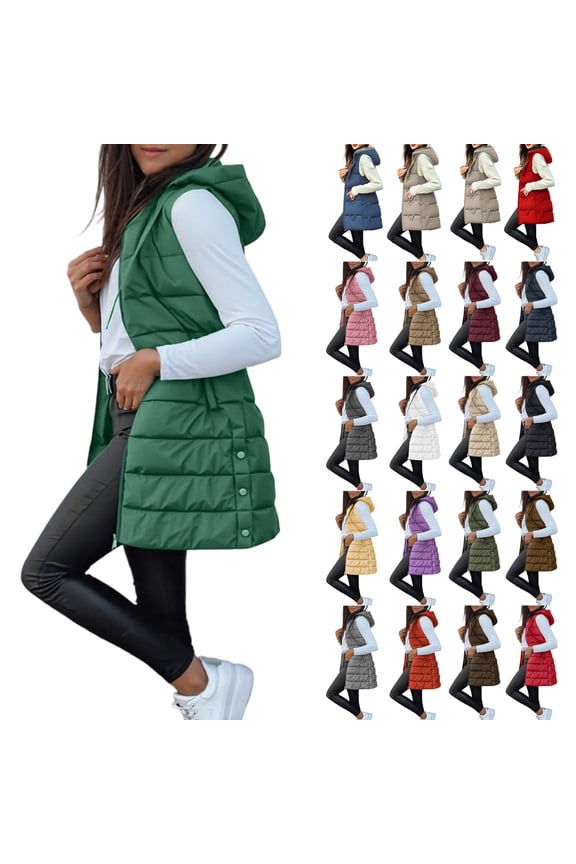Long Puffer Vest Women Sleeveless Full Zip Up Puffy Jackets Quilted Padded Fall Coats Winter Outerwear White L