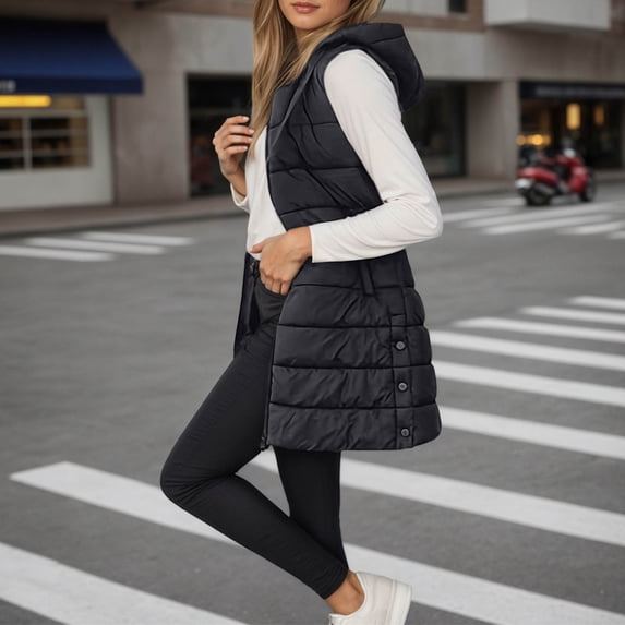 Long Puffer Vest Women Sleeveless Quilted Hooded Fall Winter Puffer Vests Jacket (Black M)