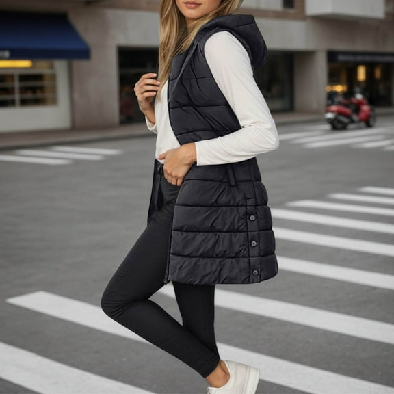 Long Puffer Vest Women Sleeveless Quilted Hooded Fall Winter Puffer Vests Jacket (Black S)