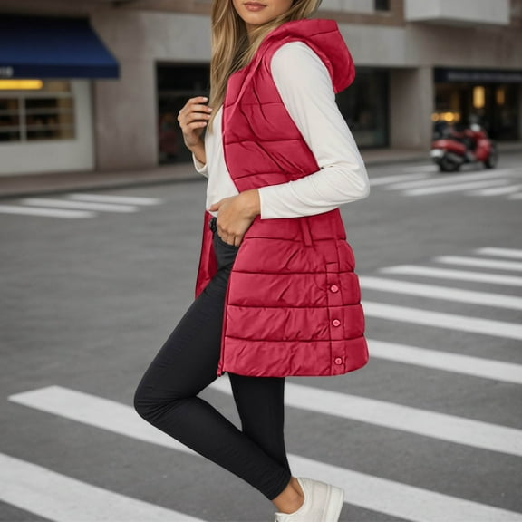 Long Puffer Vest Women Sleeveless Quilted Hooded Fall Winter Puffer Vests Jacket (Red M)
