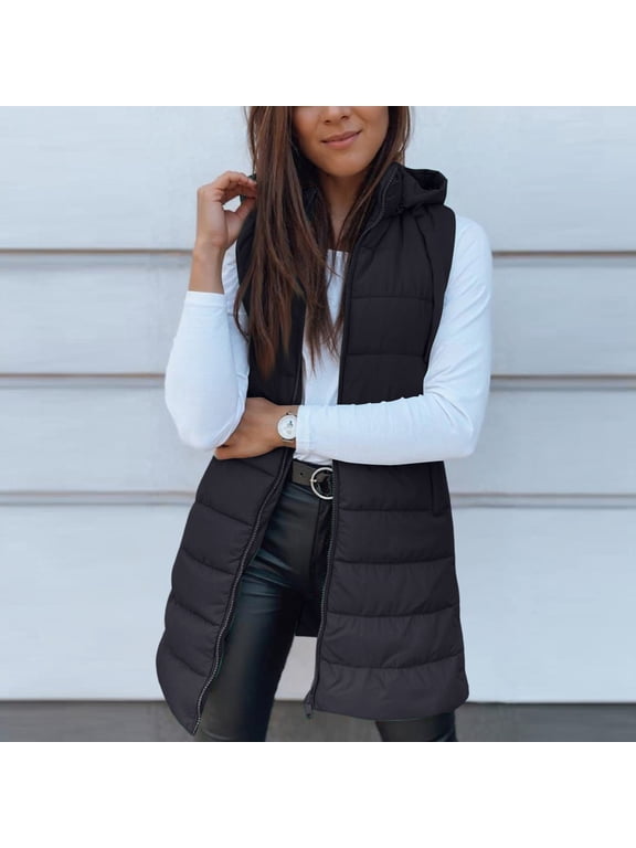 Long Puffer Vest Women Winter Hooded Vests Casua Lightweight Quilted Jackets Sleeveless Padded Jacket with Pockets Black M