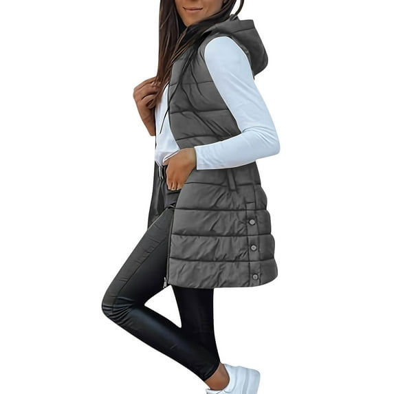 Long Puffer Vest Women Winter Hooded Vests Casua Lightweight Quilted Jackets Sleeveless Padded Jacket with Pockets Dark Gray 2XL
