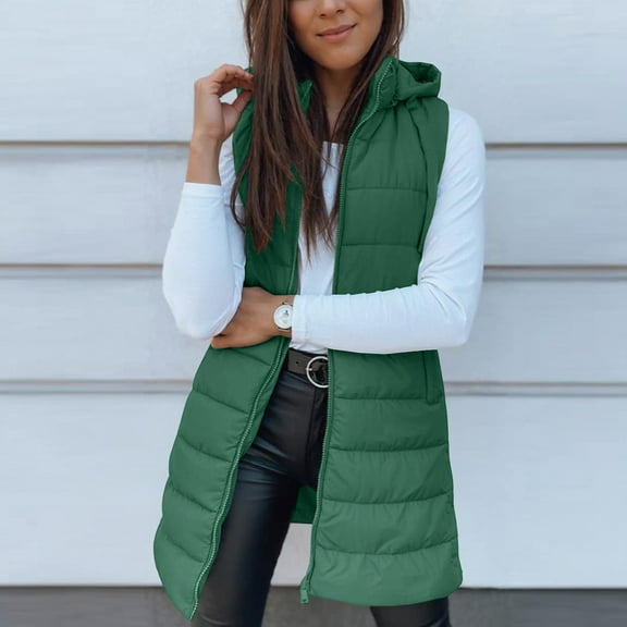 Long Puffer Vest Women Winter Hooded Vests Casua Lightweight Quilted Jackets Sleeveless Padded Jacket with Pockets Green M