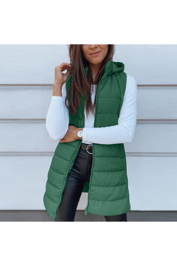 Long Puffer Vest Women Winter Hooded Vests Casua Lightweight Quilted Jackets Sleeveless Padded Jacket with Pockets Green M