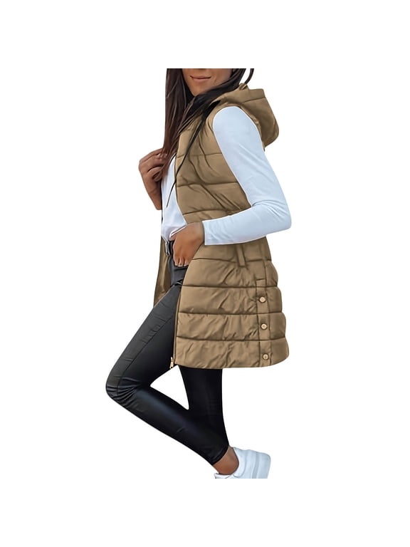 Long Puffer Vest Women Winter Hooded Vests Casua Lightweight Quilted Jackets Sleeveless Padded Jacket with Pockets Light Brown XL