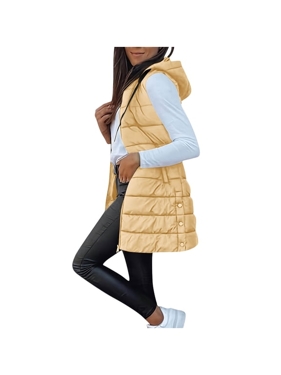 Long Puffer Vest Women Winter Hooded Vests Casua Lightweight Quilted Jackets Sleeveless Padded Jacket with Pockets Yellow M